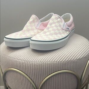 Vans Women’s Pink and White Checkered Slip-On Sneakers
